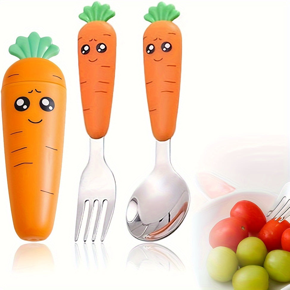 Set of 3 Travel Cutlery Pieces with Carrot Design Case Stainless Steel Spoon Fork BPA-Free Orange