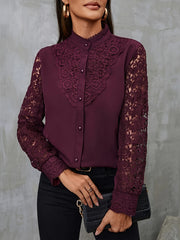 Women's Contrast Lace Blouse with Mandarin Collar and Long Sleeves