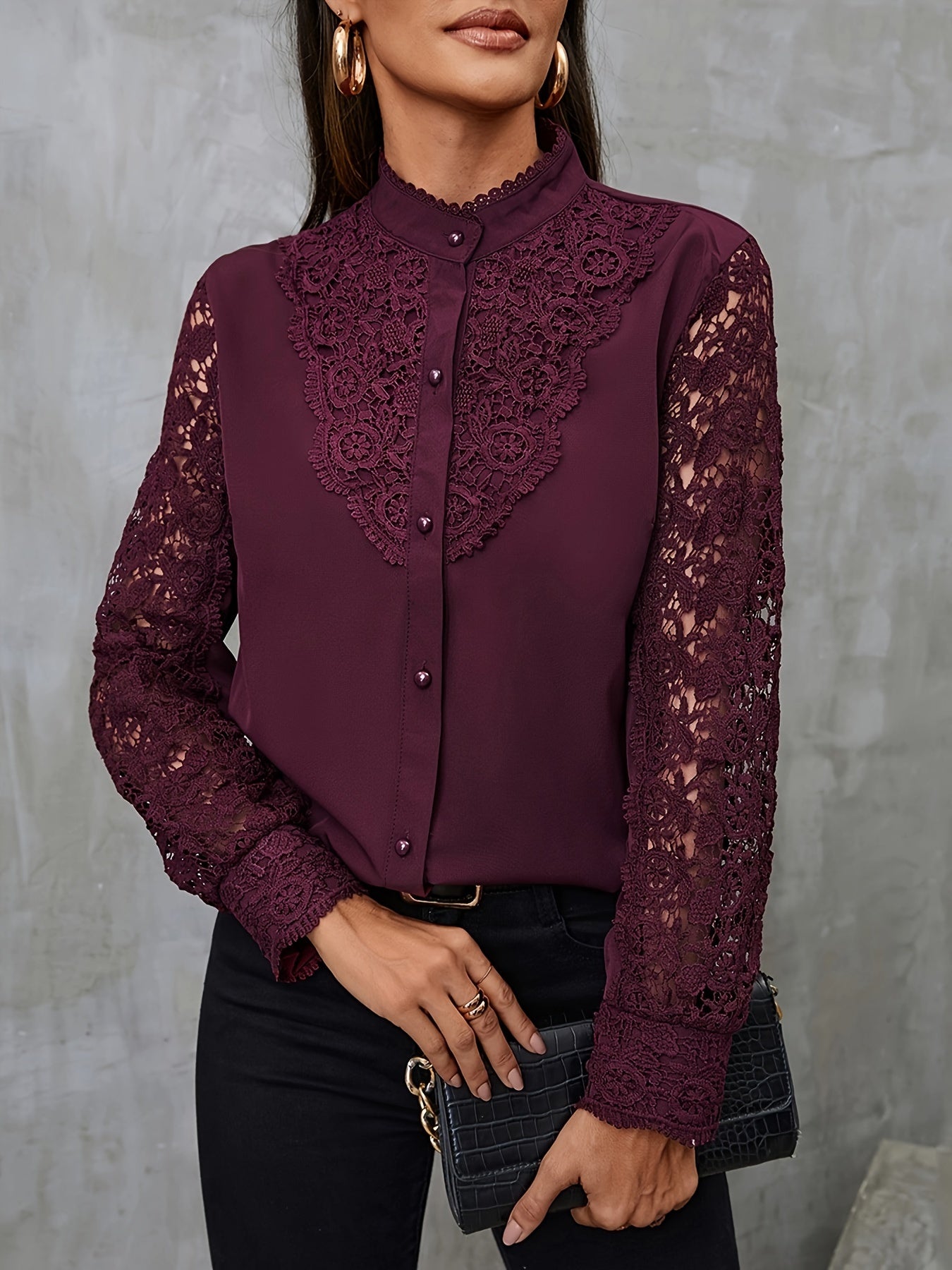Women's Contrast Lace Blouse with Mandarin Collar and Long Sleeves