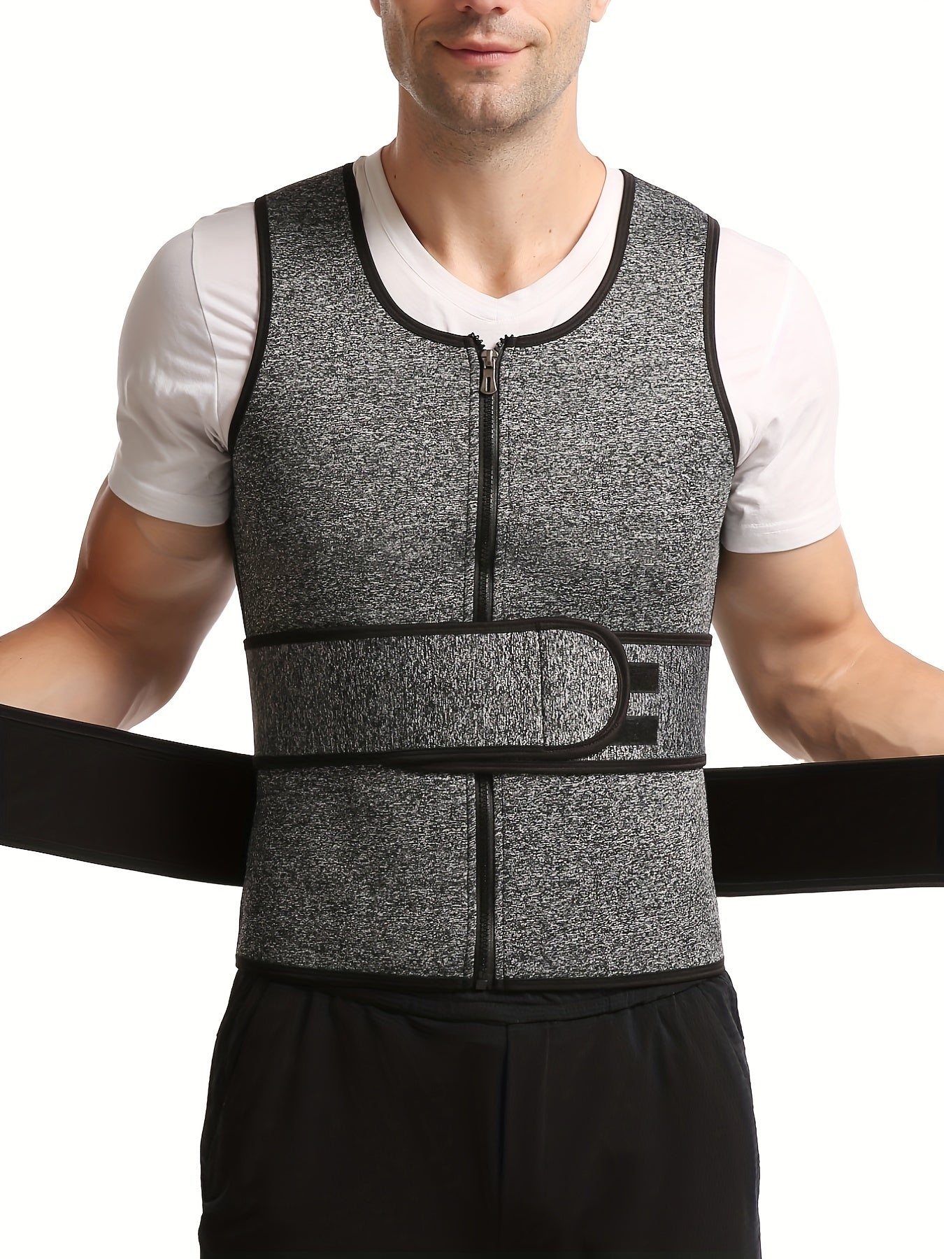 Men's Gray Neoprene Double Belt Shapewear Vest for Sweat and Body Shaping