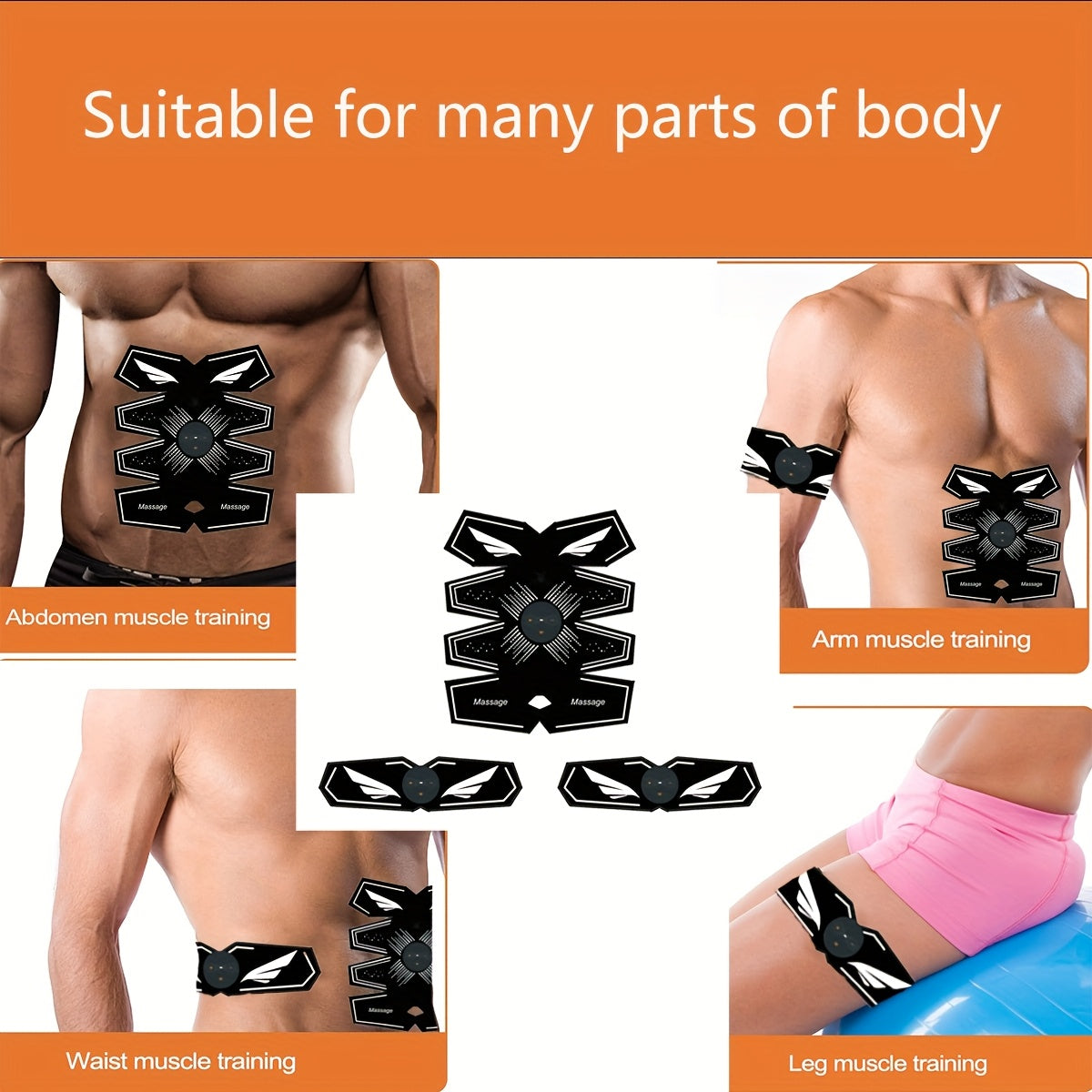 Uydagi foydalanish uchun mo'ljallangan uch qismli EMS massaj kamar to'plami, qo'llar, qorin va sonlarda mushaklarni bo'shashtirish va massaj qilish uchun. Ta'til sovg'asi sifatida ajoyib.