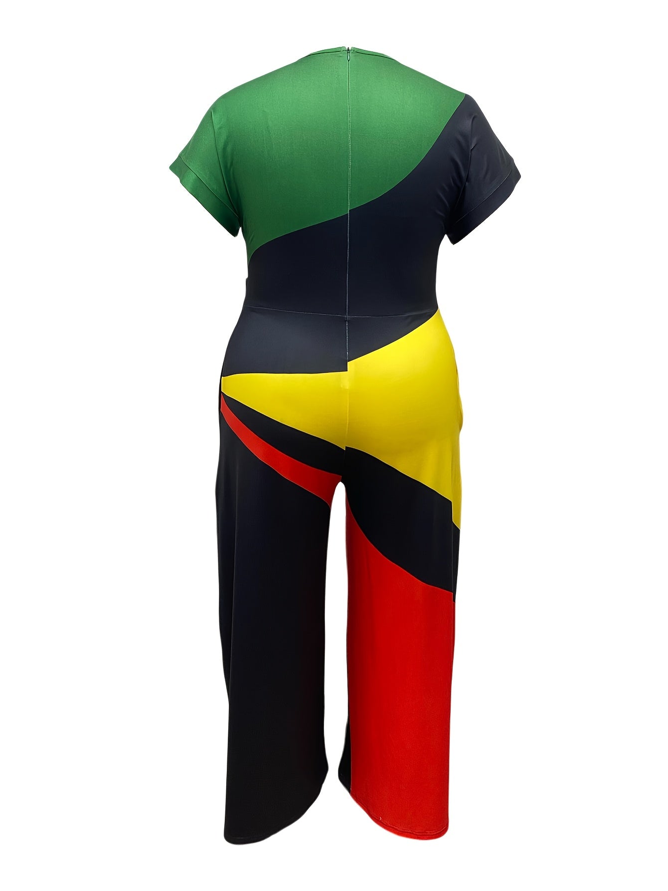 Women's Color-Block V-Neck Short Sleeve Jumpsuit Wide Leg Casual