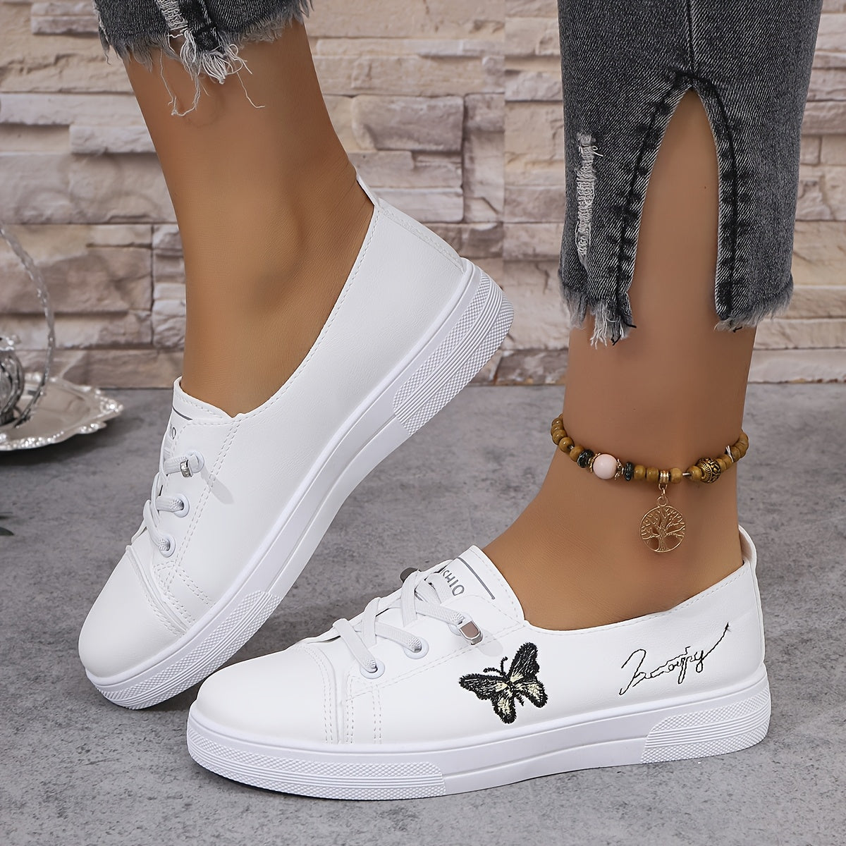 Women's Butterfly Embroidered Casual Sneakers White Lightweight Low Tops