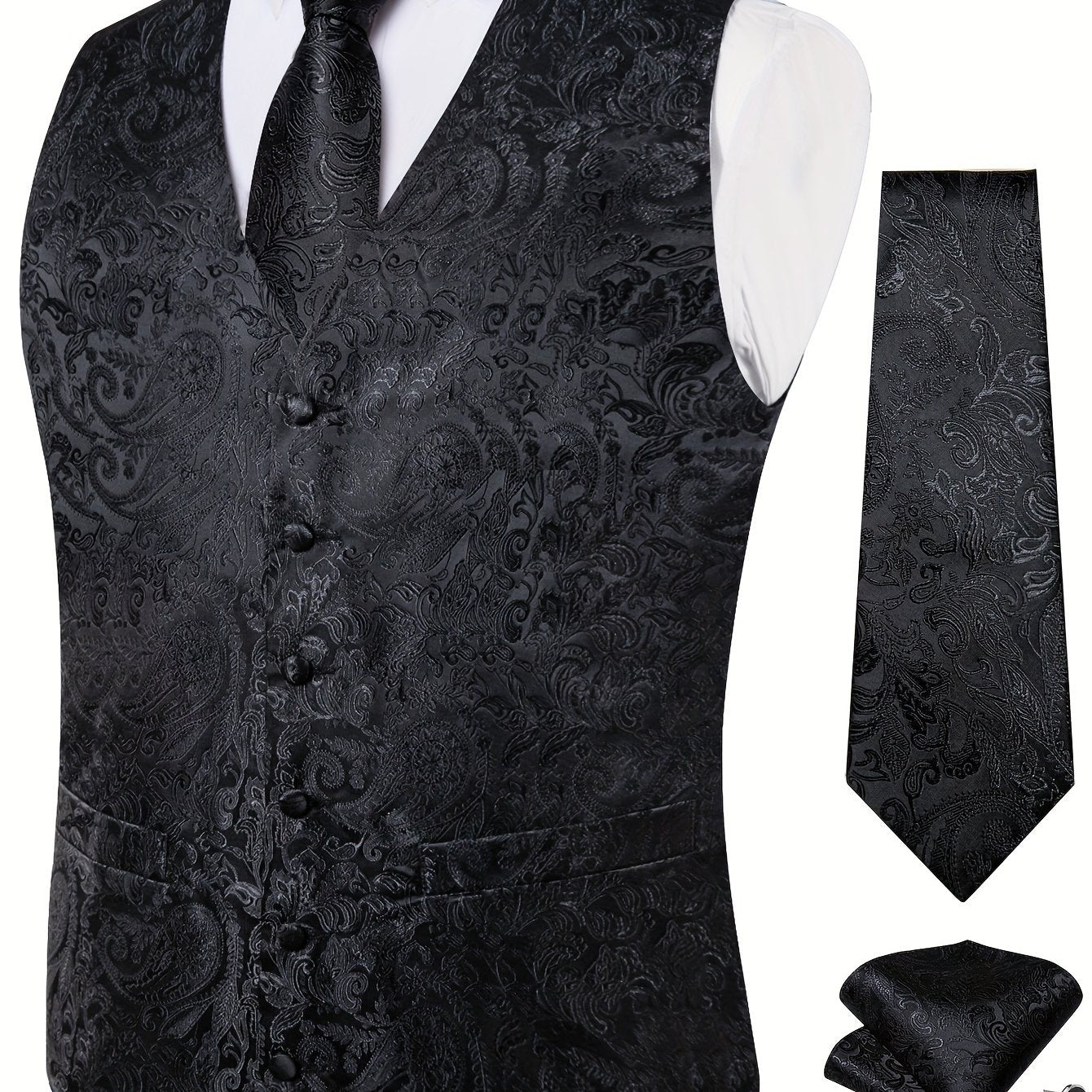Men's Plus Size Blue Waistcoat Set with Paisley Tie Cufflinks and Handkerchief for Formal Occasions
