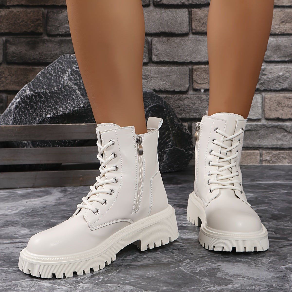 Women's Leather Motorcycle Boots with Side Zip and Thick Sole