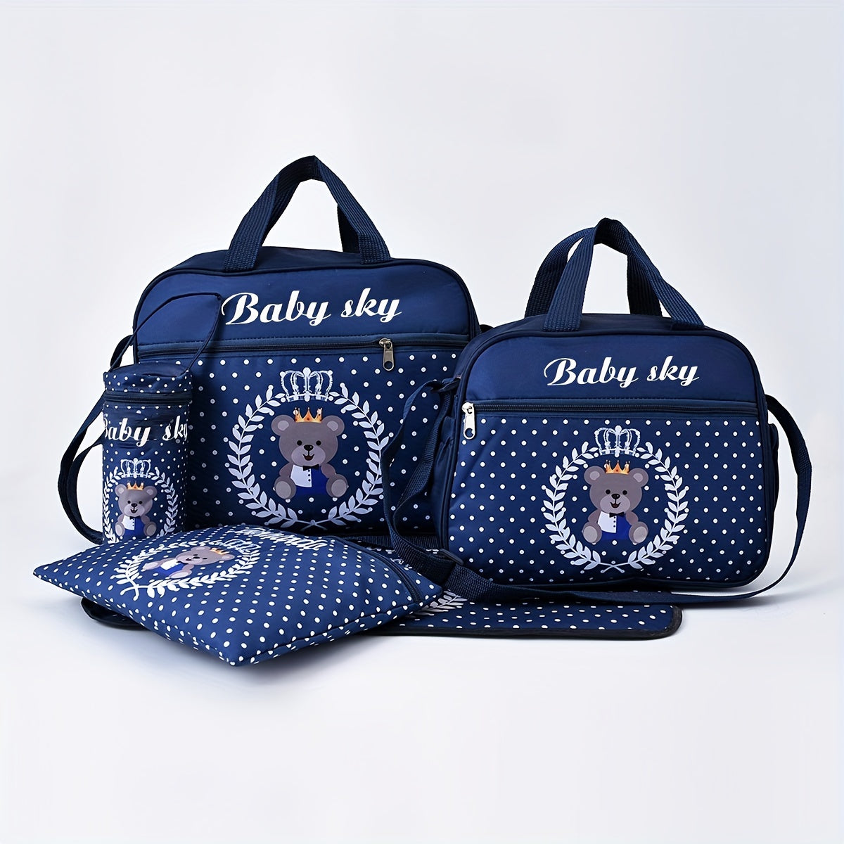 Five-Piece Bear-Printed Diaper Bag Set Large Capacity Multifunctional Mommy Bag