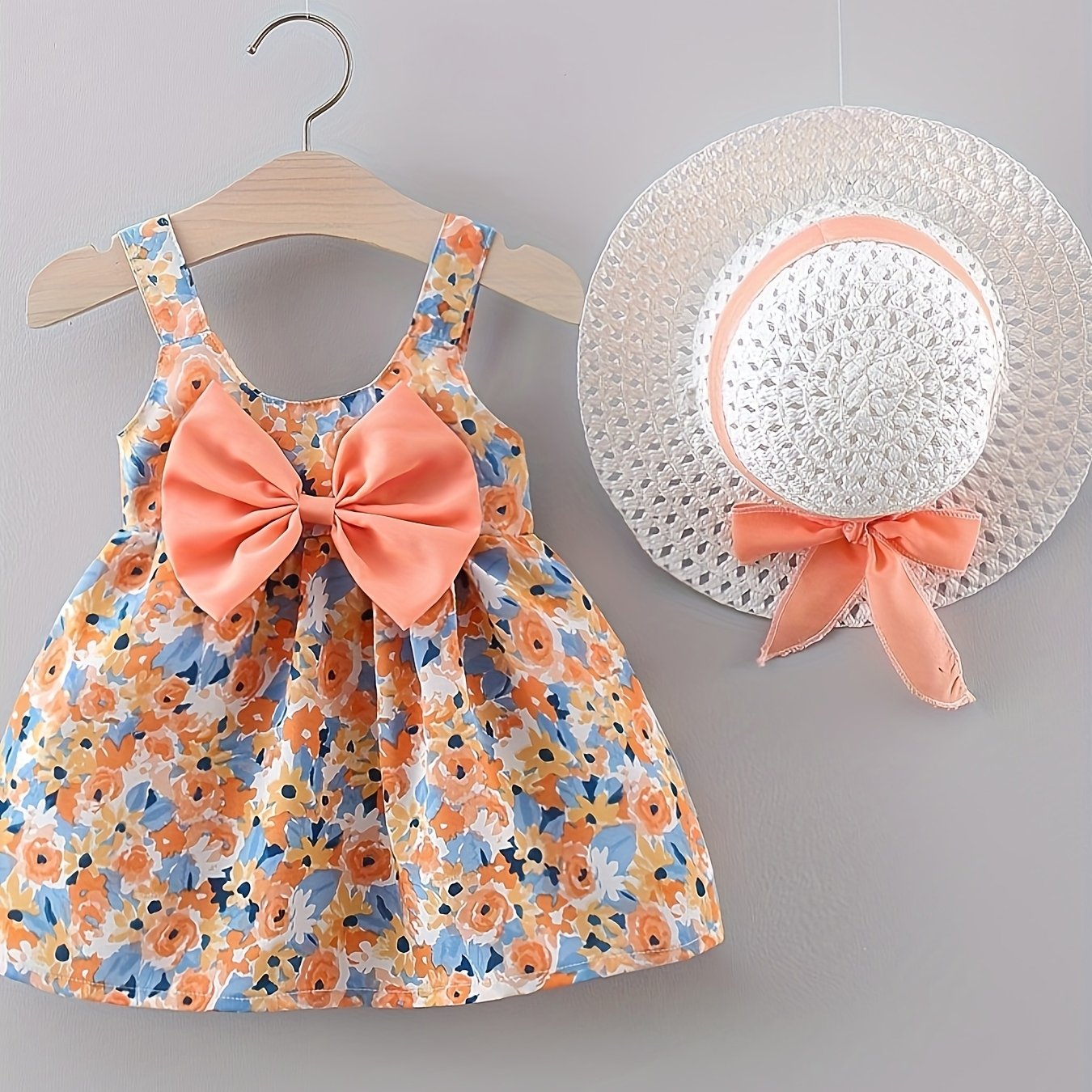 Baby Girls Floral Dress Set Summer Sleeveless Polyester with Hat Ages 0-3