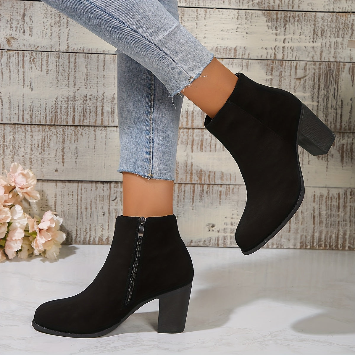 Women's Fabric Ankle Boots Side Zipper Round Toe Block Heel Solid Color