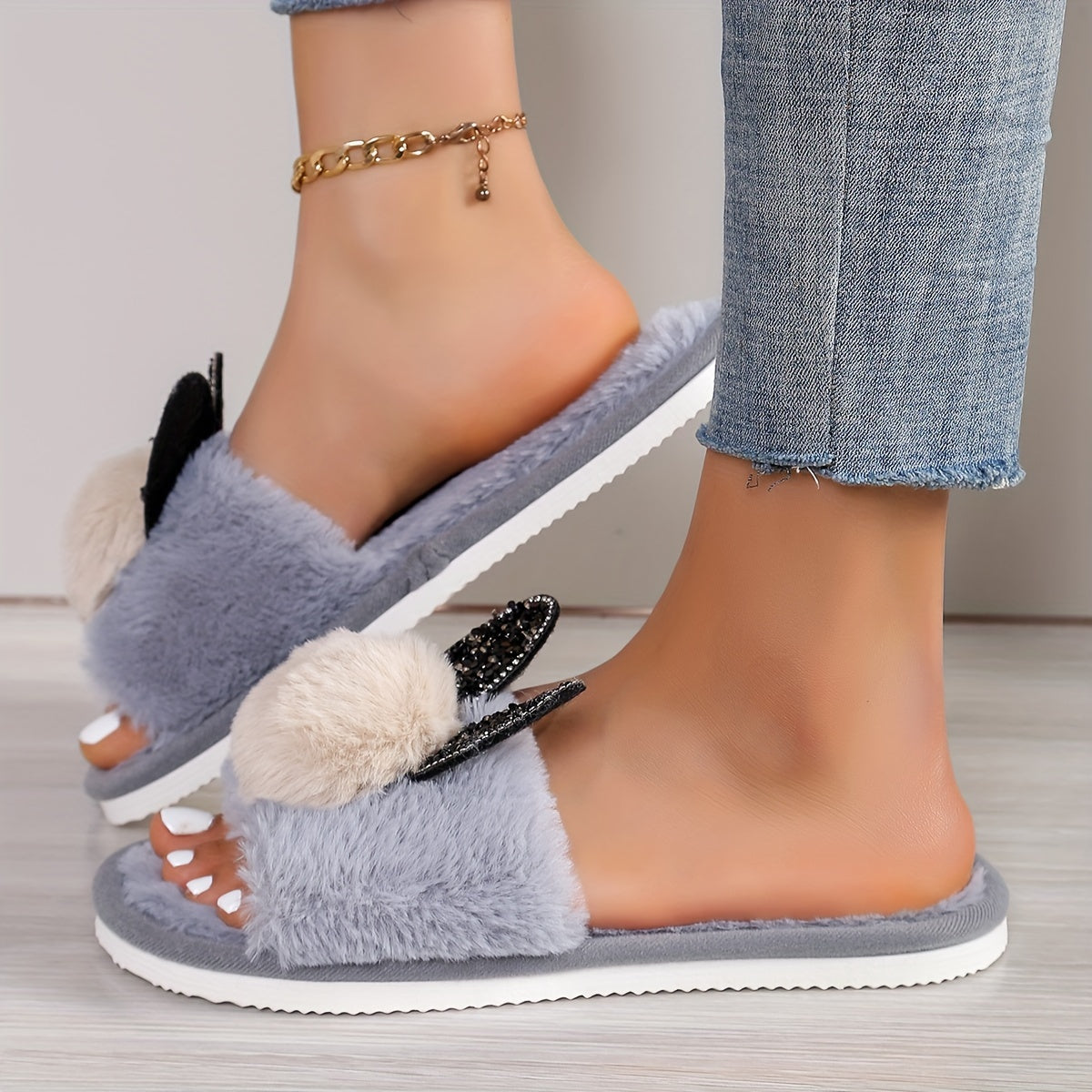 Zapatillas con orejas de conejo con purpurina para mujer, interiores, para todas las estaciones, con felpa de peluche, zapatos de casa de EVA