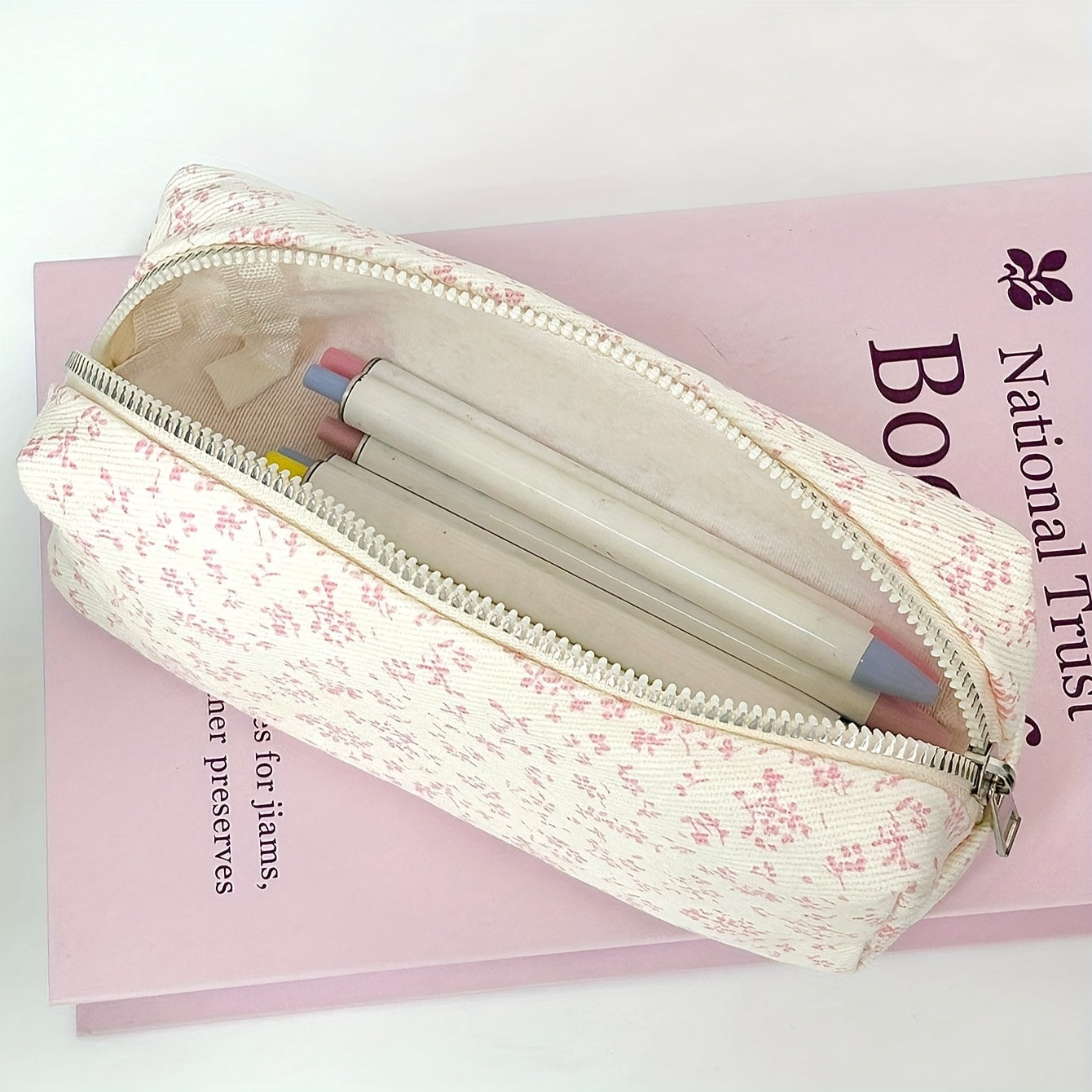 Canvas Floral Print Pencil Case with Zipper for Students and Office Organization