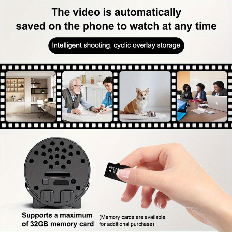 Mini WiFi kuzatuv kamerasining zamonaviy qora dizayni TF karta sloti bilan. Uy xavfsizligi va uy hayvonlarini kuzatish uchun ideal. USB quvvatlanadi va smartfonlar bilan mos keladi. Kompakt 480P rezolyutsiyasi. SD karta kiritilmagan.