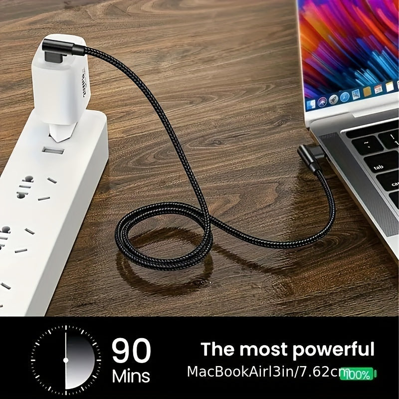 60W USB-C to USB-C Braided Charging Cable 90-Degree Right Angle Data Transfer Compatible with Smartphones Tablets