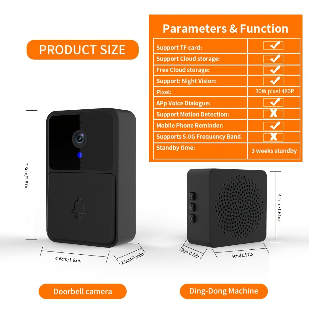 HD kamera, ikki tomonlama audio, tungi ko'rinish, harakatni aniqlash va qora rangda tugmachali aqlli WiFi eshik zingi.