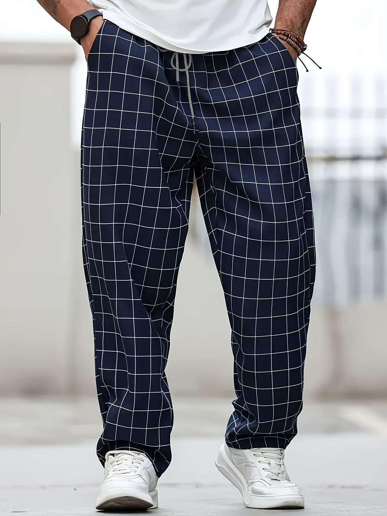 Men's Plus Size Woven Polyester Casual Plaid Jogger Pants with Drawstring Waist