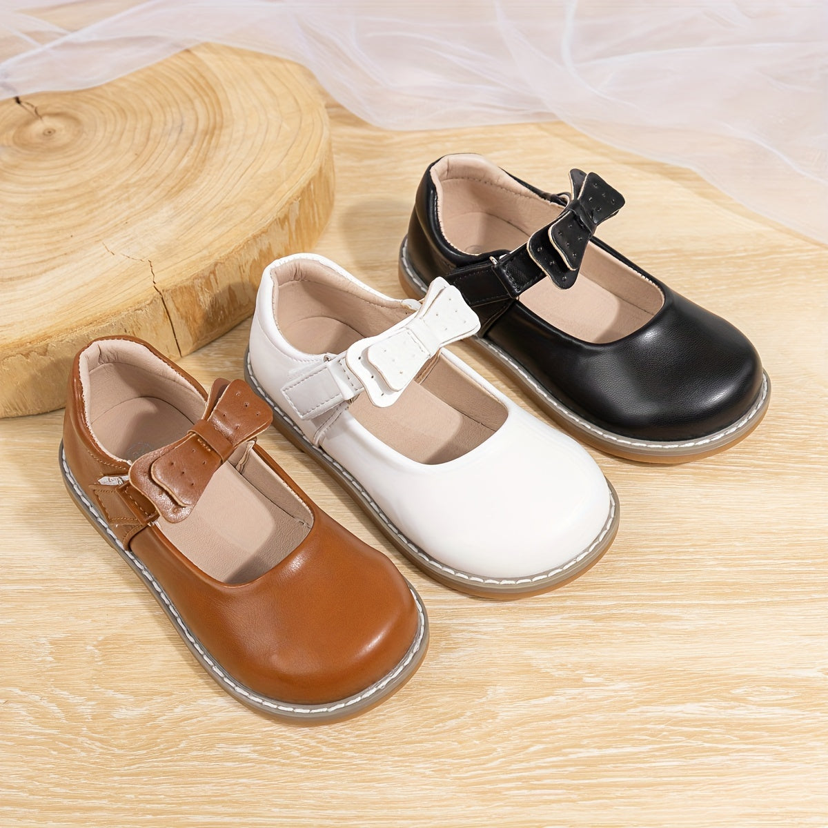 Zapatos planos tipo Mary Jane para niñas con lazo, color sólido, parte superior de PU ligero, suela de TPR, punta redonda, cierre fácil, para todas las estaciones
