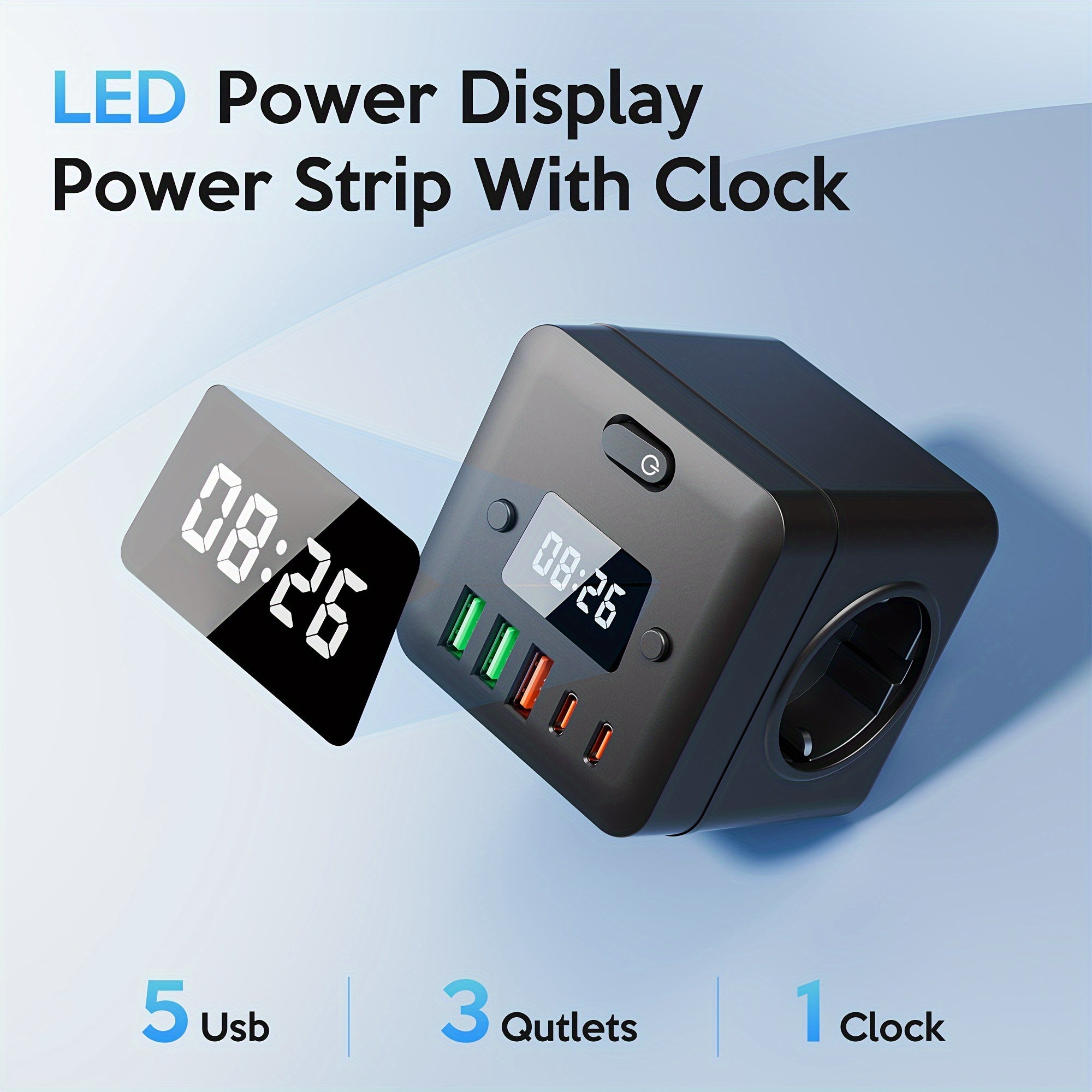 9-in-1 Power Strip with Clock 3 EU Outlets 3 USB-A Ports 2 USB-C Ports Overload Protection Wall Mountable