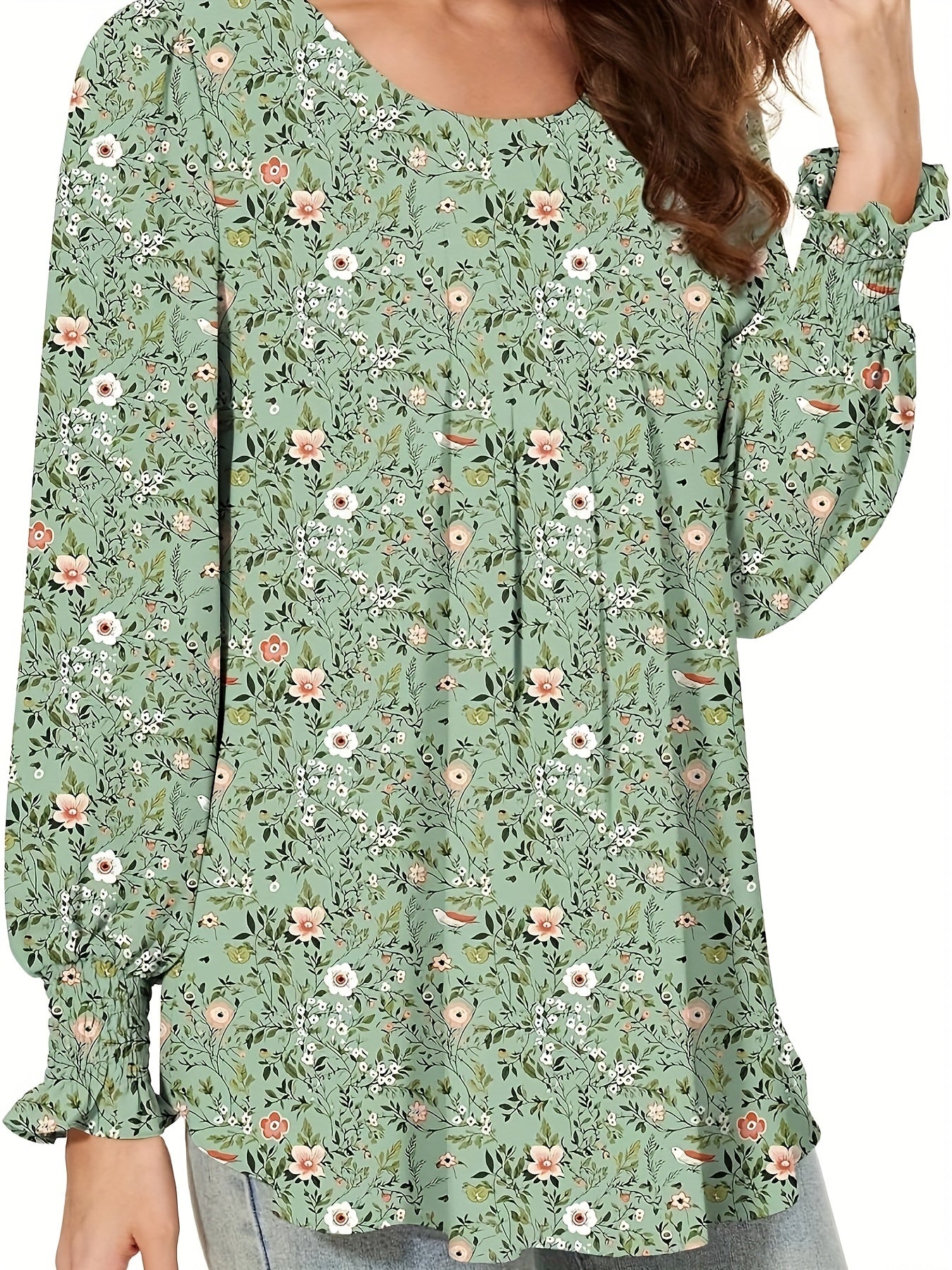 Plus Size Floral Print Blouse Women's Casual Long Sleeve Shirt Machine Washable