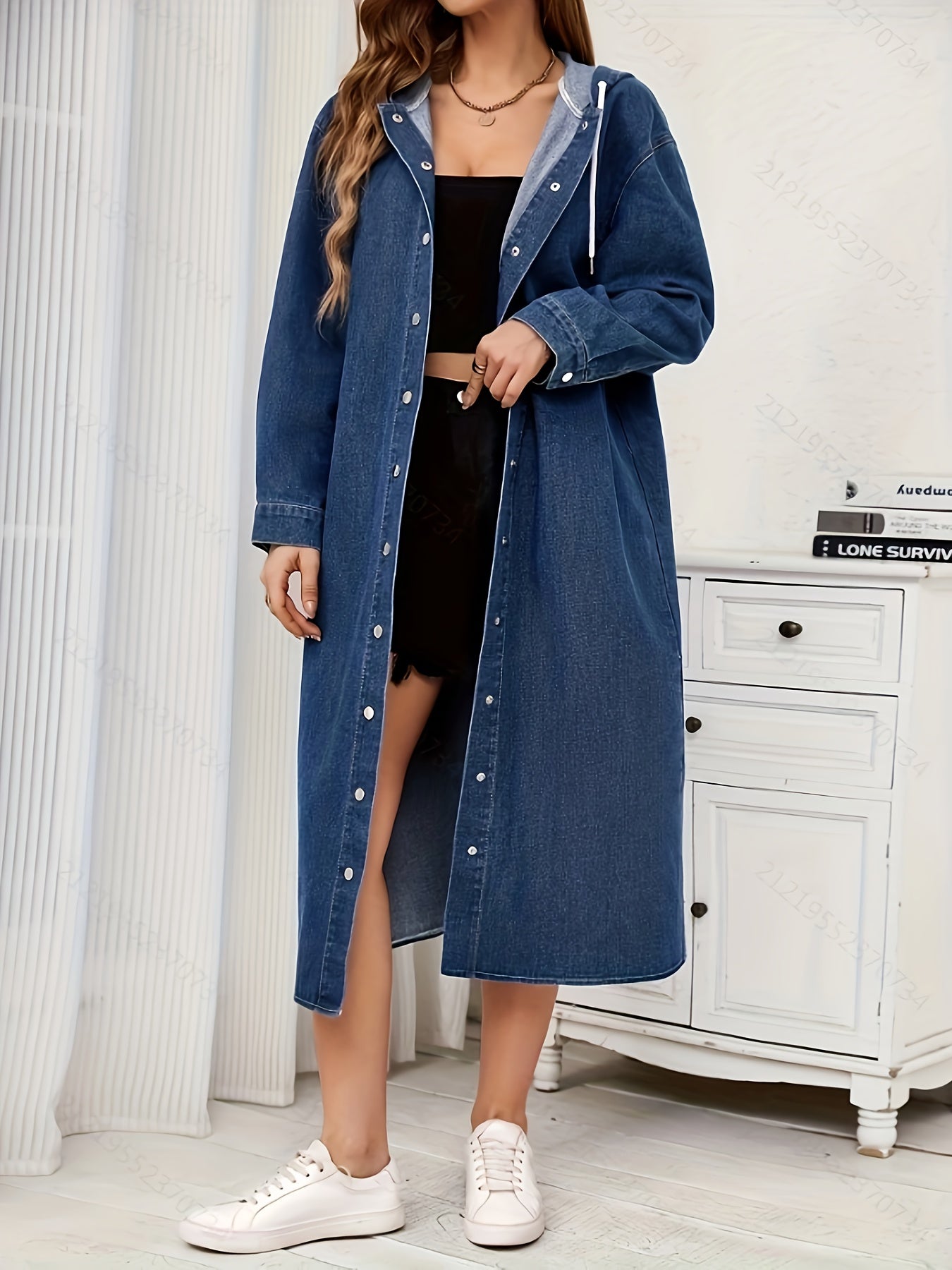 Women's Long Hooded Denim Jacket Casual Woven Spring Fall Outerwear