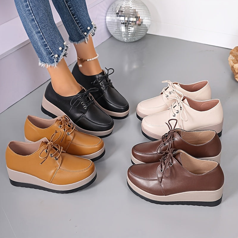 Women's Solid Color Lace-Up Loafers Flat Shoes with Thick Sole