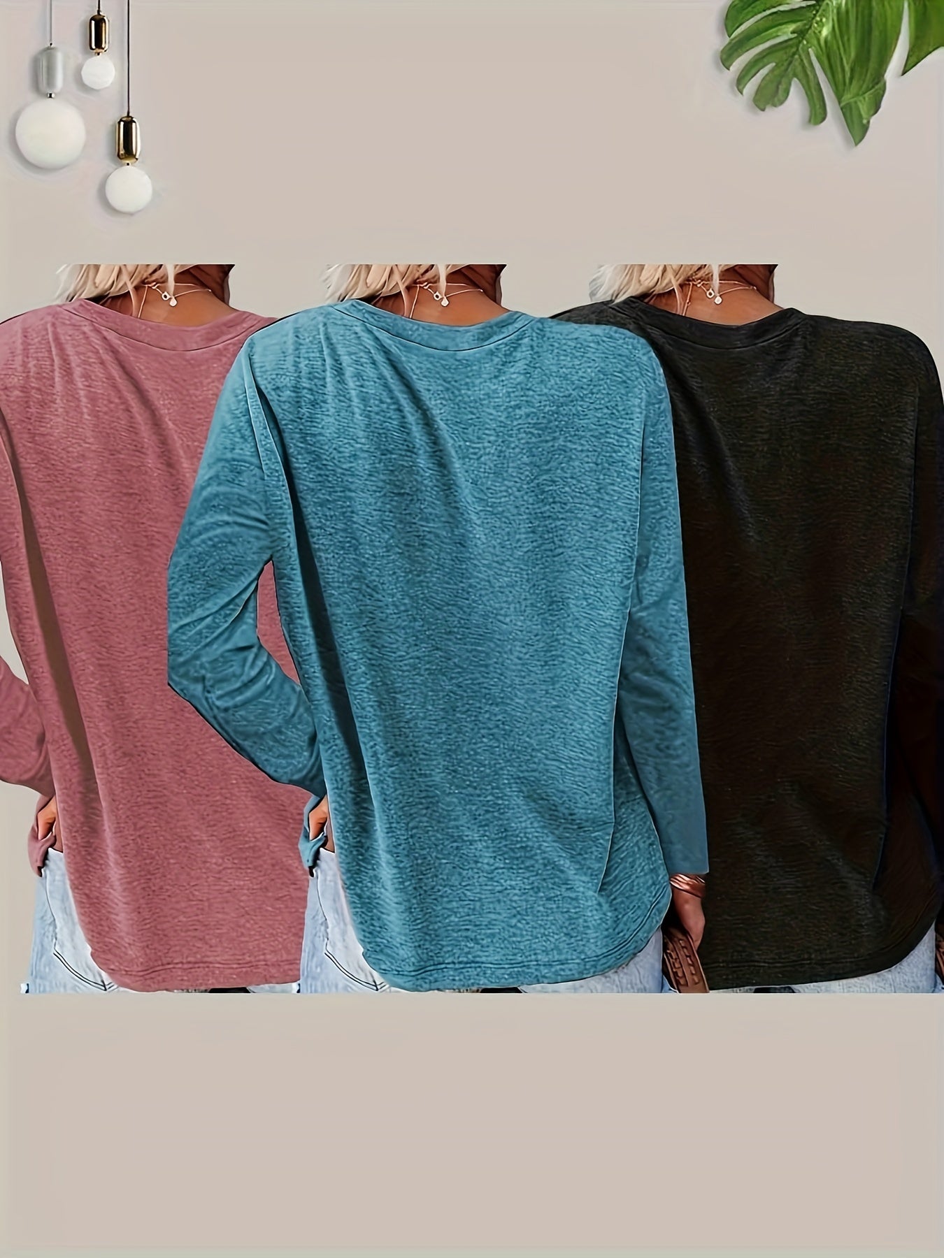 Women's Long Sleeve Crew Neck Tops 3-Pack Solid Knit Stretch Fall Spring