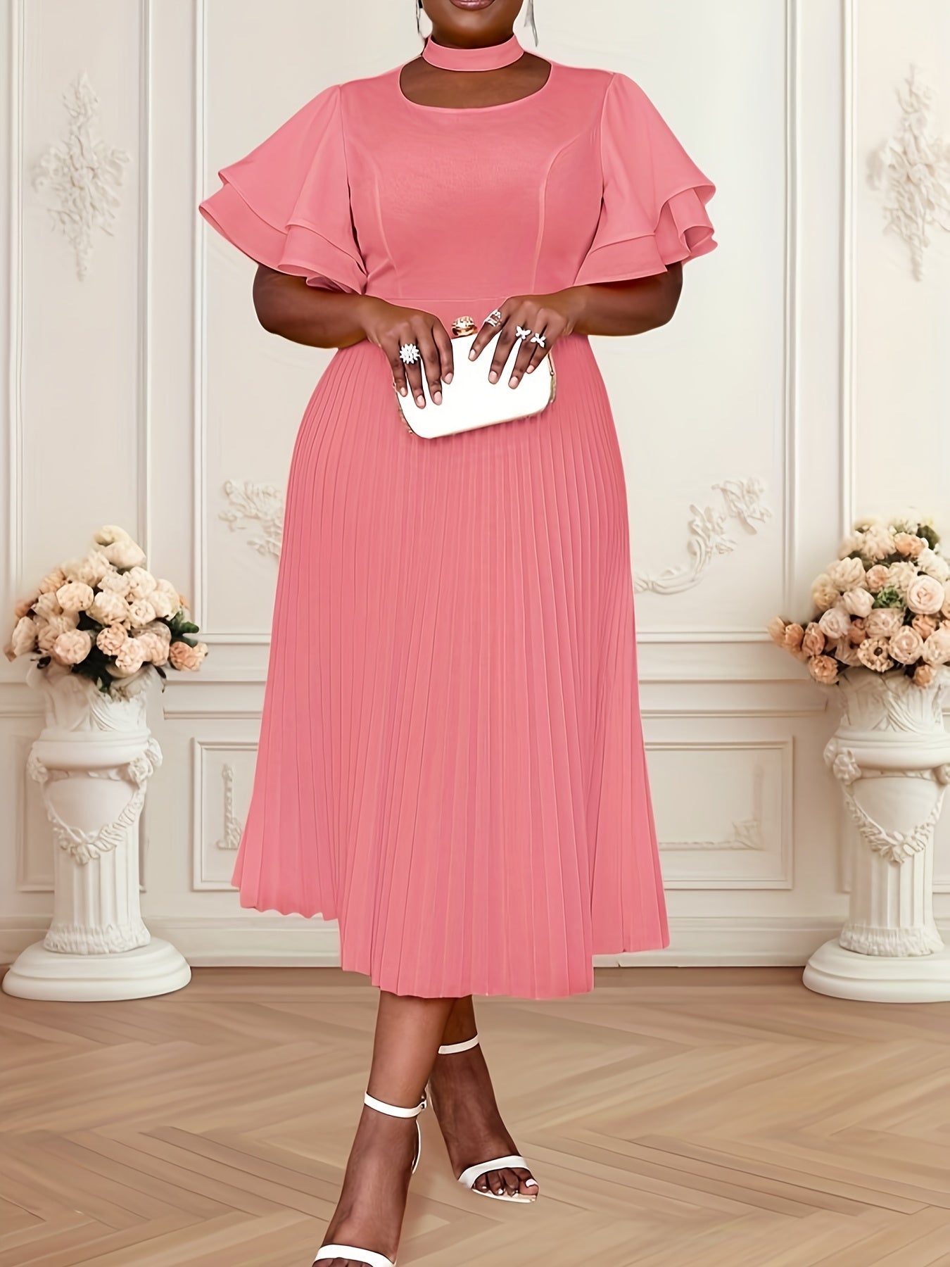 Women's Flare Sleeve Pleated Party Dress Solid Color A-Line Midi