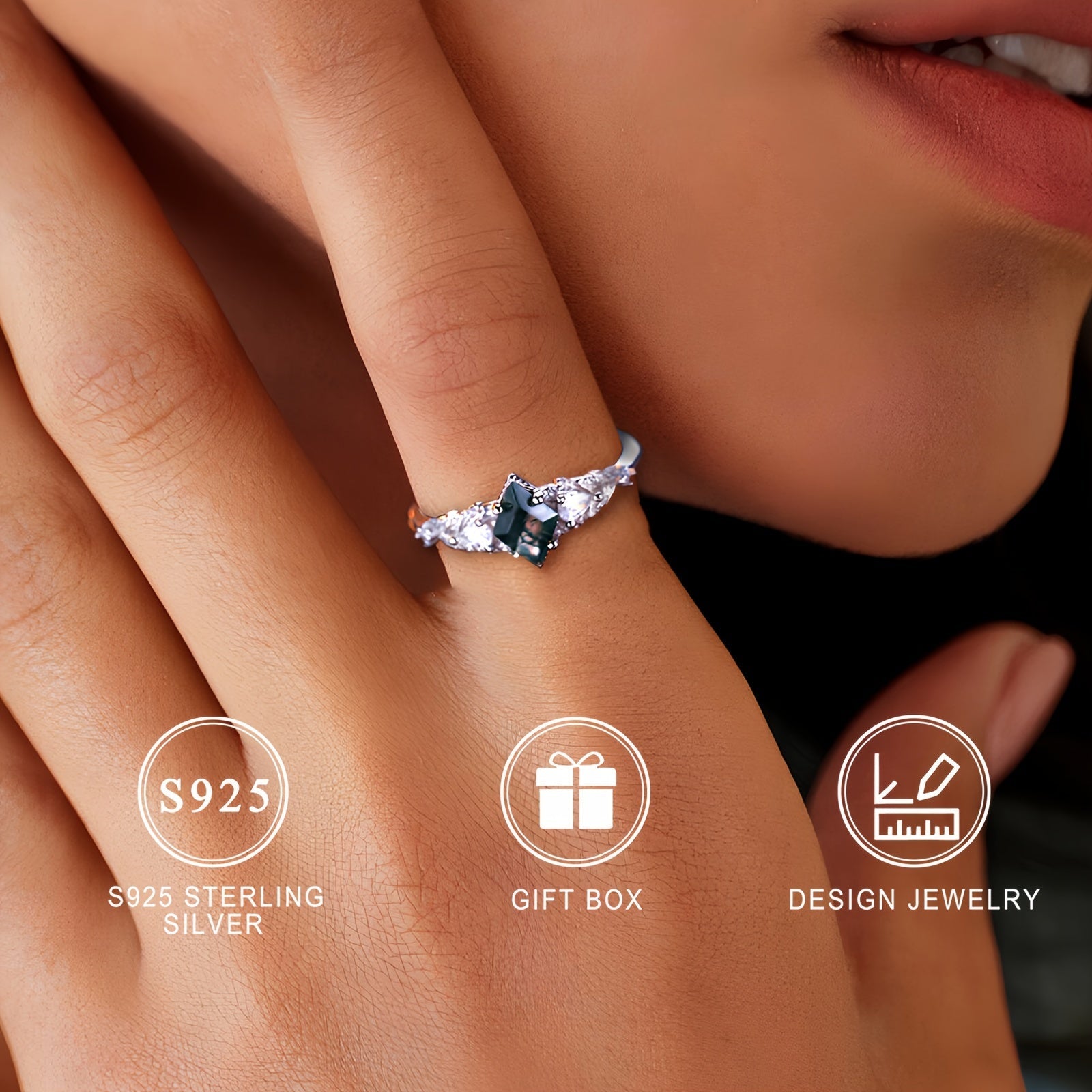 Кольцо из стерлингового серебра с геометрическим фасетированным дизайном из мохового агата для женщин