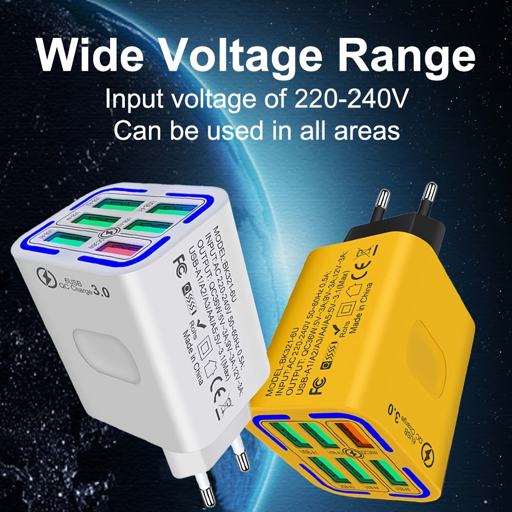 6-Port USB Wall Charger 36W QC3.0 Fast Charging European Plug for iPhone Samsung