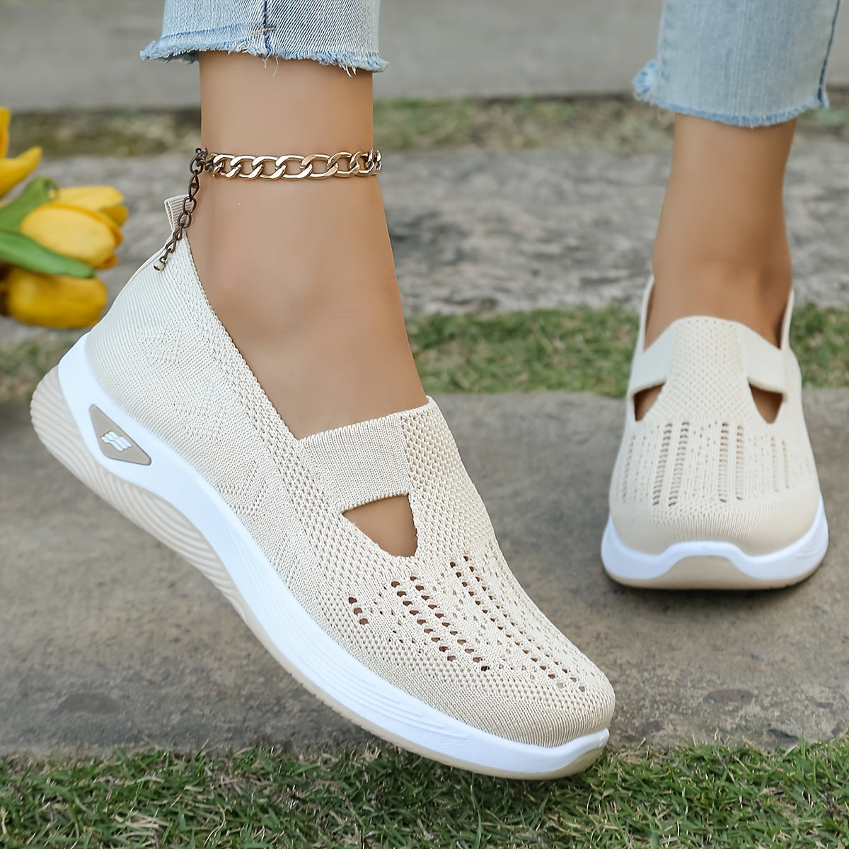 Women's Knit Mesh Casual Sneakers Lightweight Slip-On Low Top All-Season Shoes