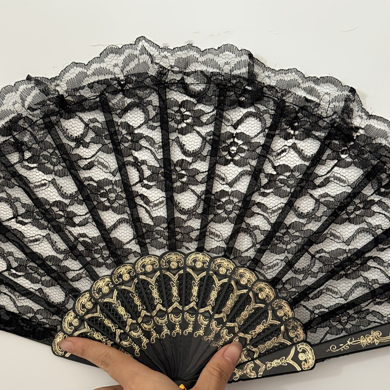 Vintage Black Lace Folding Fan with Tassel for Photoshoots and Parties
