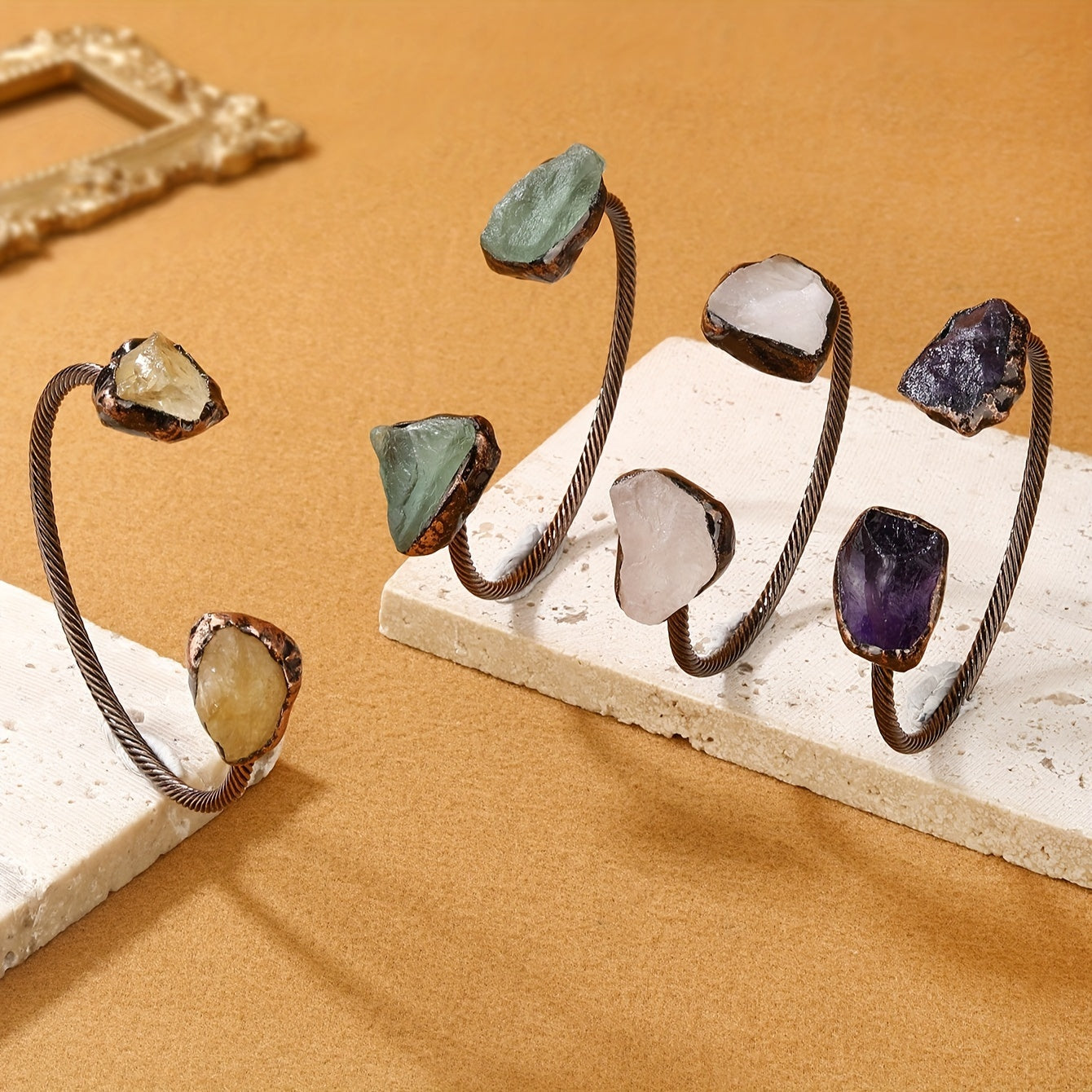 Vintage Bohemian Copper Bracelet with Amethyst Citrine and White Crystals for Women