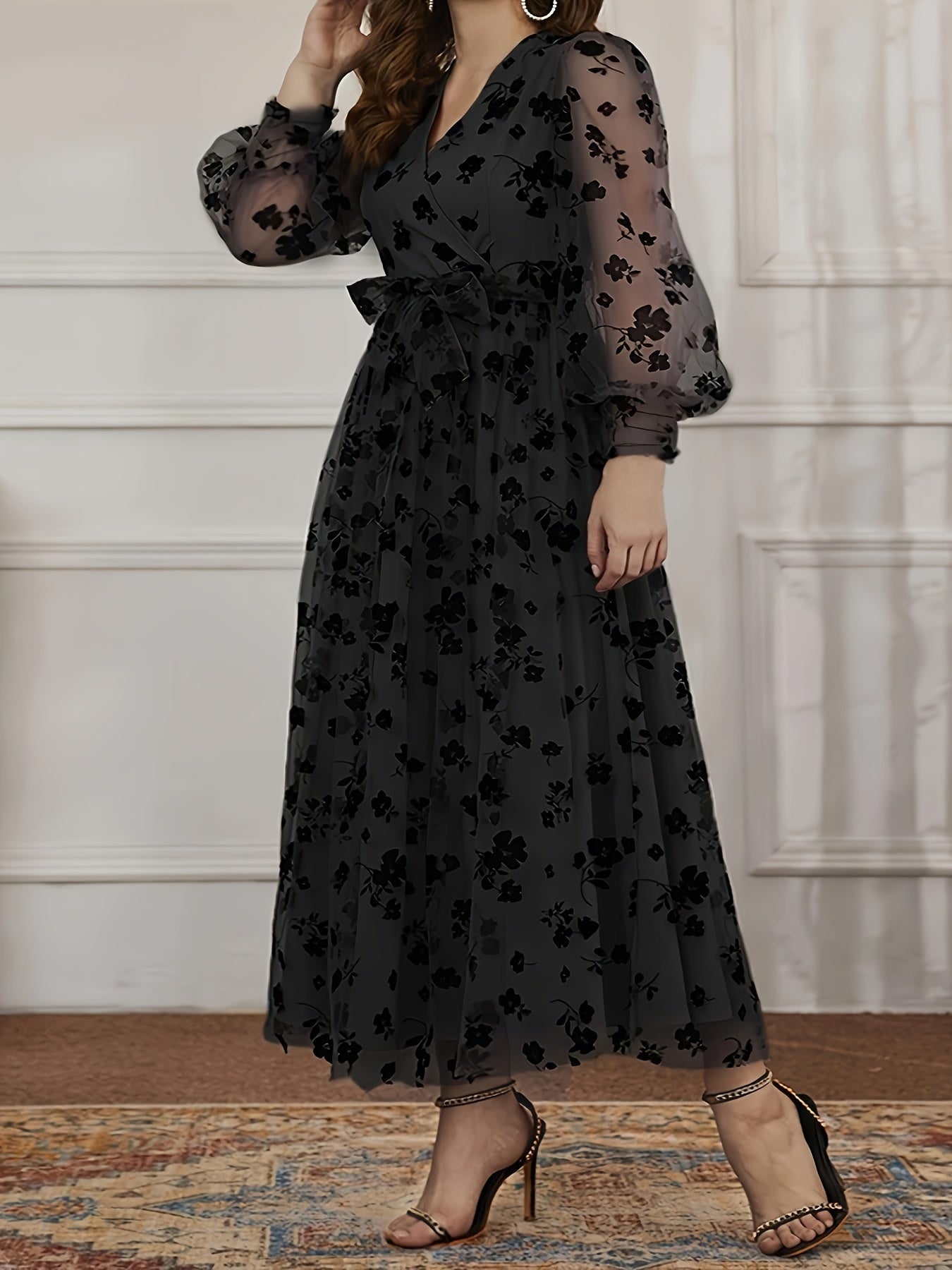 Plus Size Floral Pattern Belted Dress with Long Sleeves and Surplice Neck