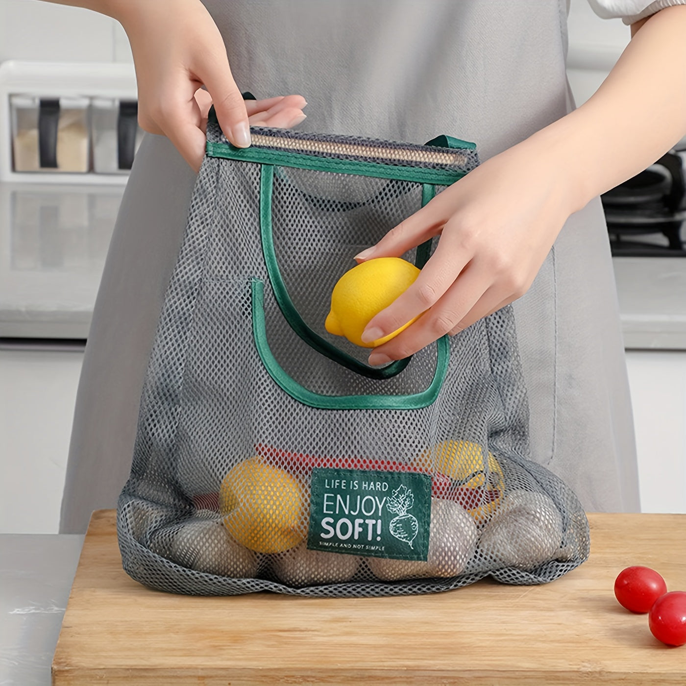 Bolsa de almacenamiento colgante de malla para frutas, verduras, ajo, jengibre, cebolla, organizador de cocina