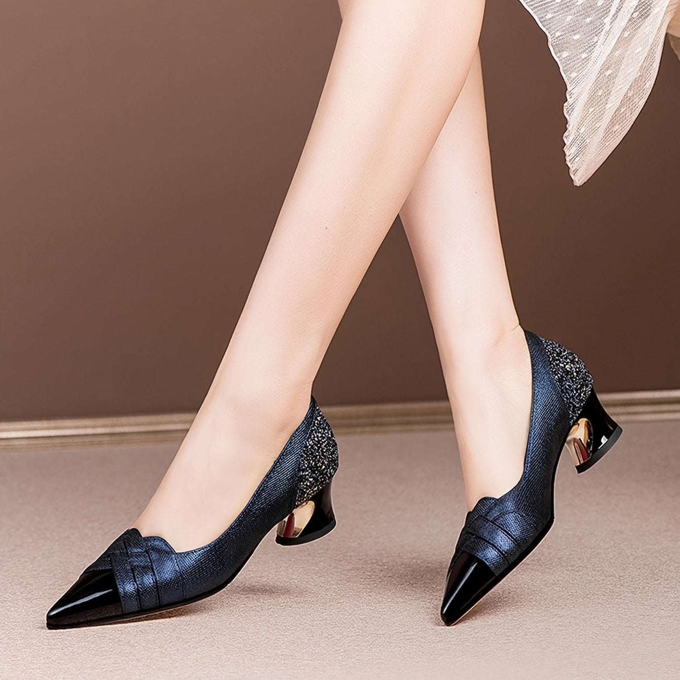 Women's Pointed Toe Block Heel Pumps Deep Blue Black Synthetic Office Formal Shoes