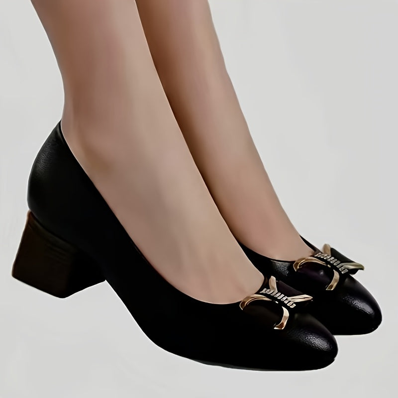 Women's Black Pointed Toe Block Heel Pumps with Sparkling Bow for Work and Formal Events