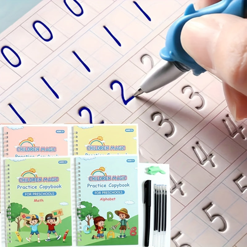 Cuadernos de práctica educativa para niños de 3 a 8 años, conjunto de matemáticas y alfabeto con bolígrafo y recambios