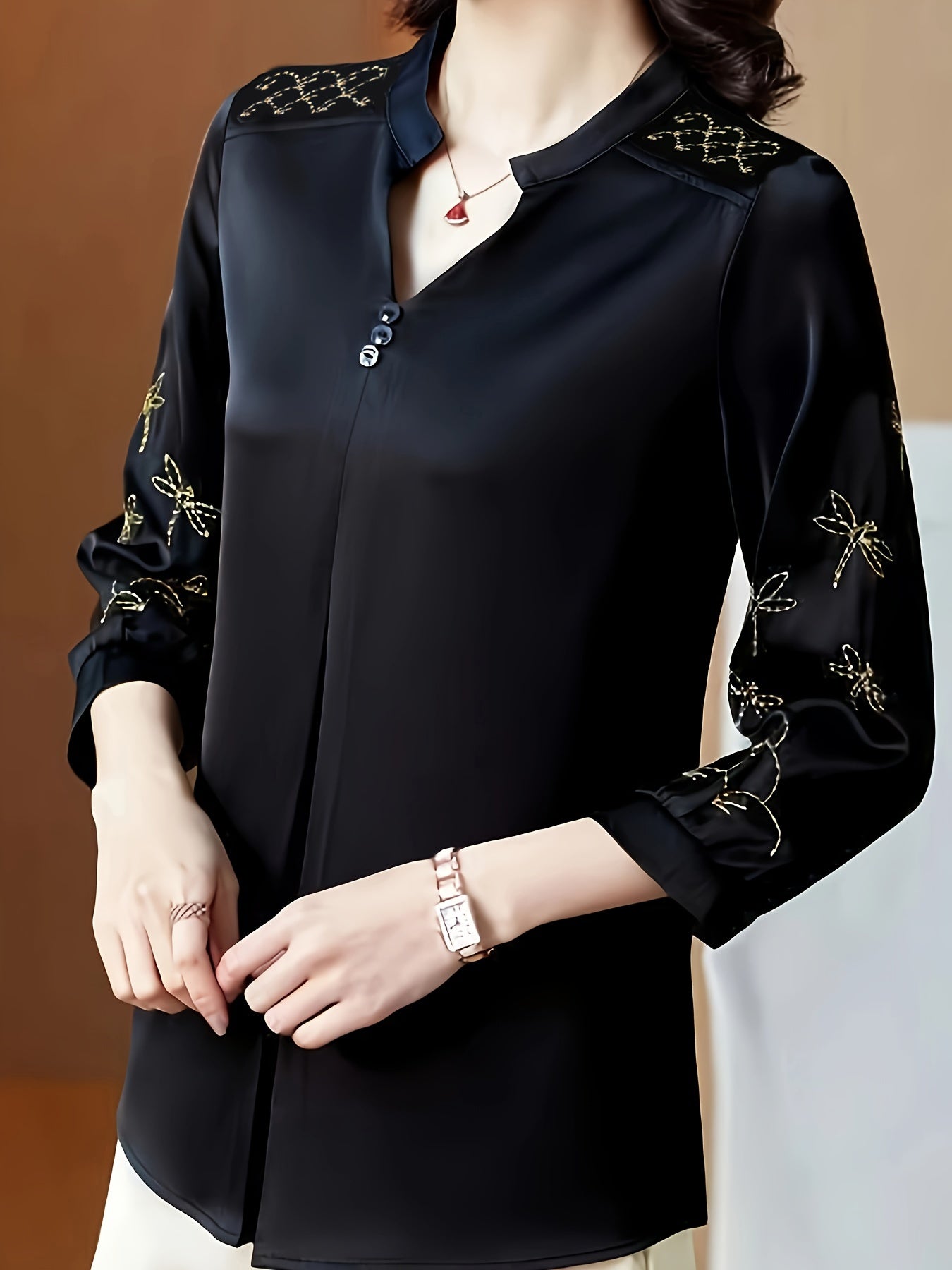 Women's Embroidered Notched Neck Blouse with 3/4 Sleeves for Spring and Fall