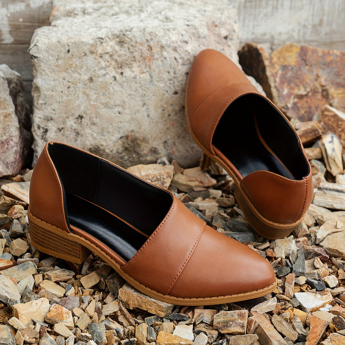 Women's Patchwork Low Heel Pumps with Chunky Heel and Side Cutouts