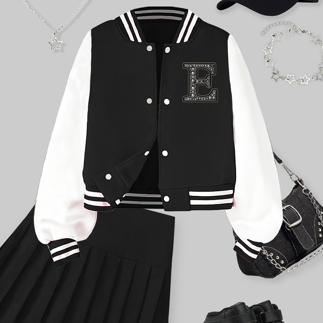 Qizlar uchun moda, qisqa yengli, harf E bosma, tasodifiy jilet, geometrik naqsh, beysbol yelkalari va tikuvli tafsilotlar bilan