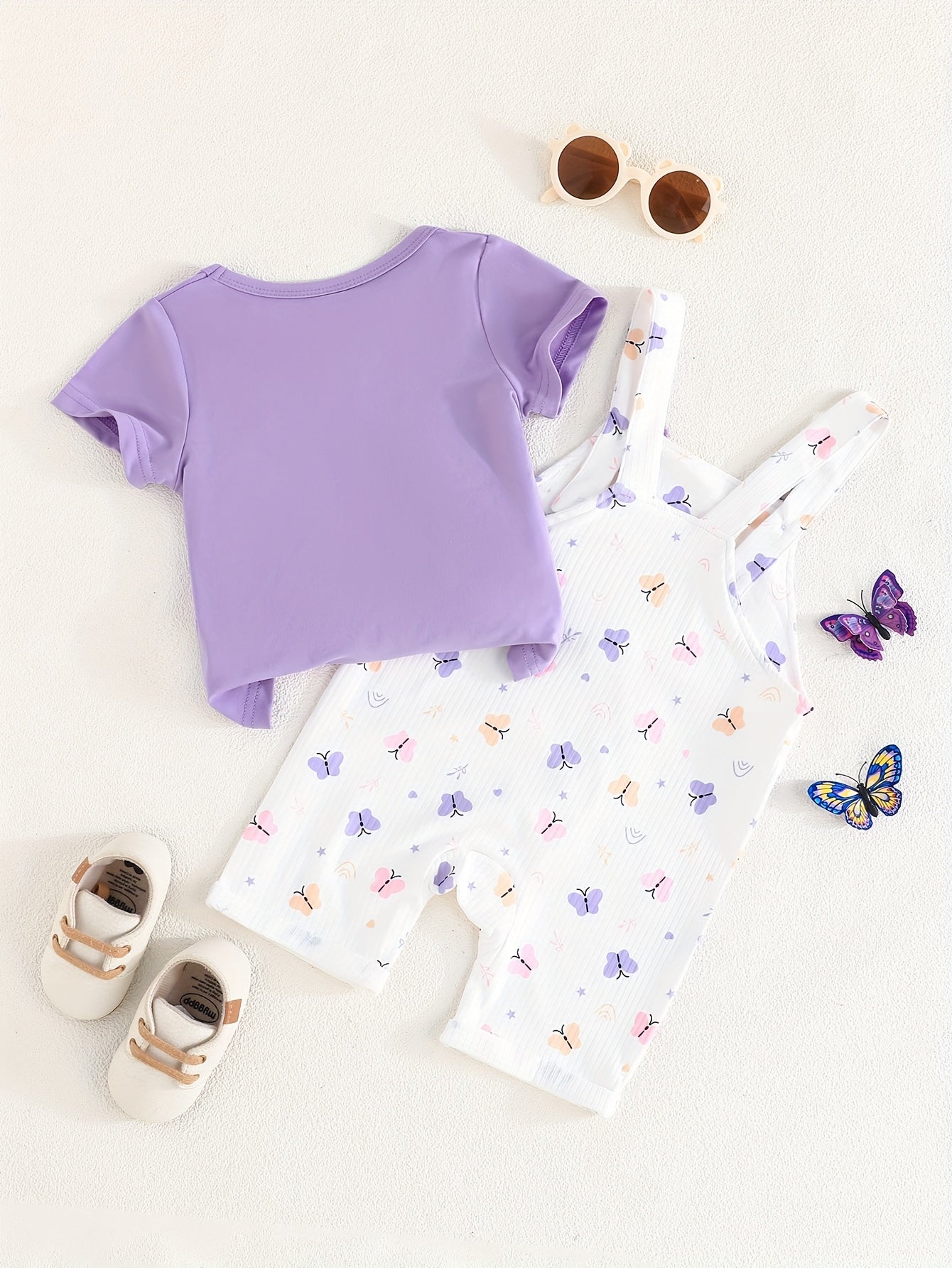 Girls' Summer Butterfly Print Romper and T-Shirt Set Lightweight Polyester Short Sleeve Casual Wear for Girls 0-3 Years