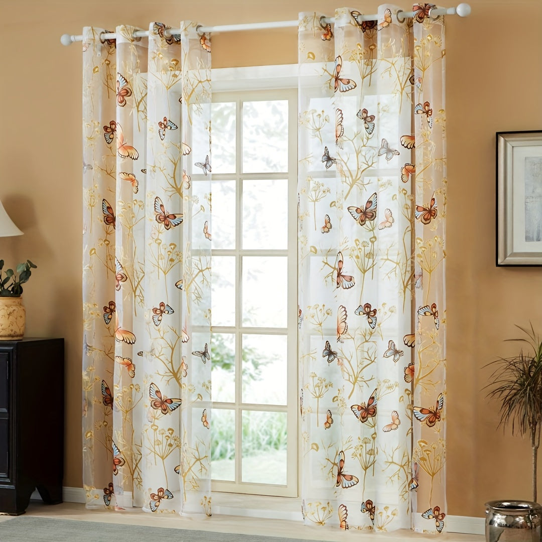 Butterfly Print Sheer Curtain Grommet Top Tulle Window Treatment for Bedroom Living Room