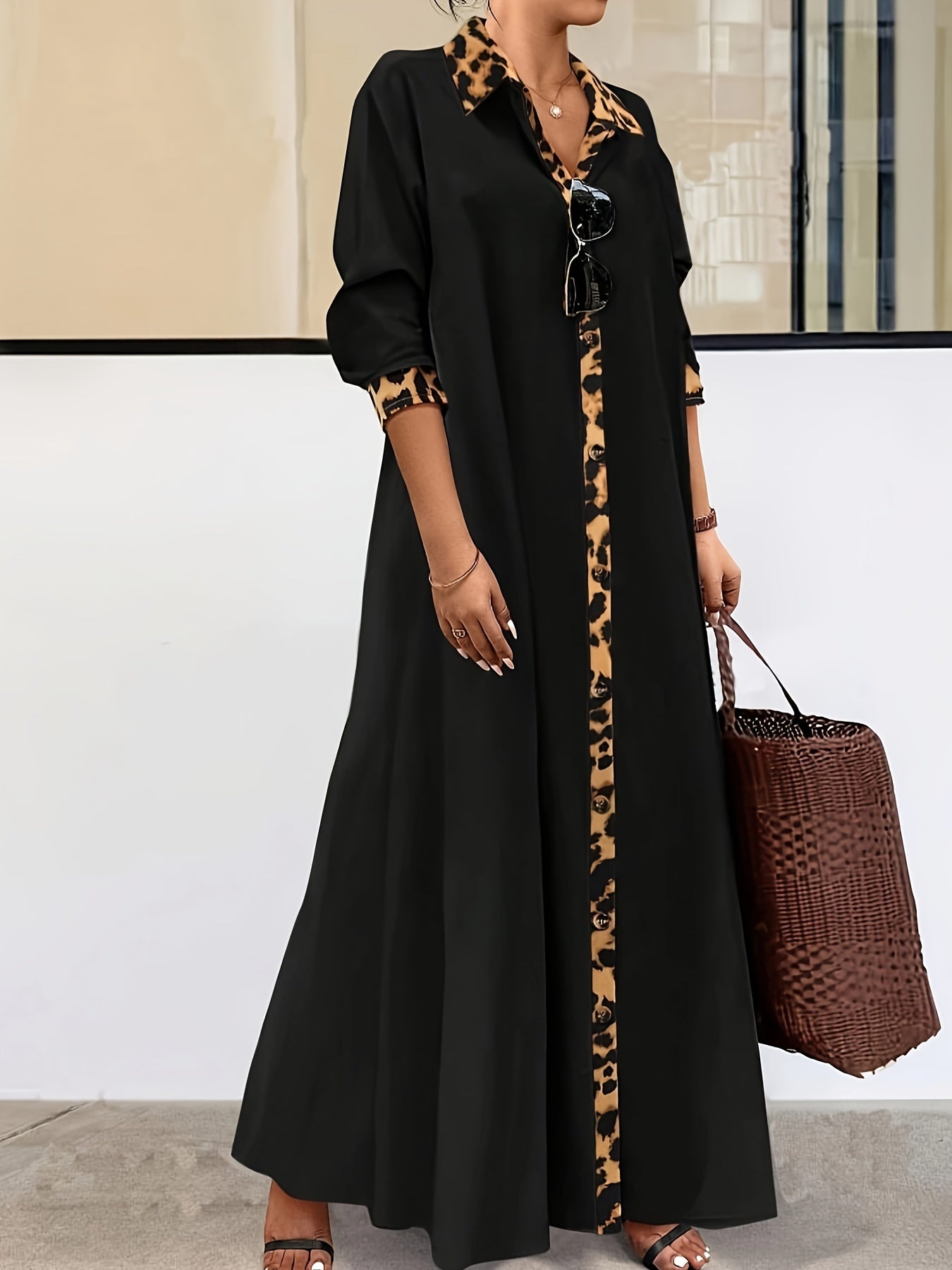 Plus Size Leopard Print Maxi Dress with Long Sleeve Button-Up Collar