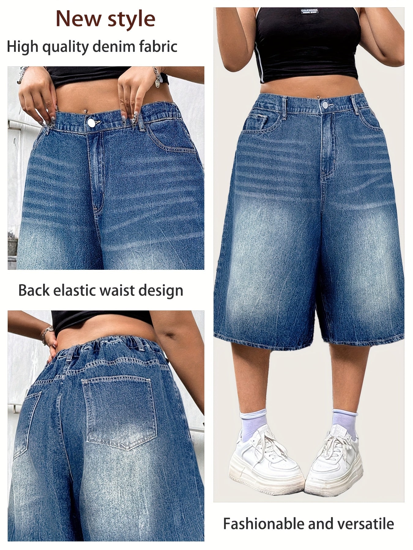 Plus Size Denim Shorts Loose Fit Washed Jeans Elastic Waist Summer Casual