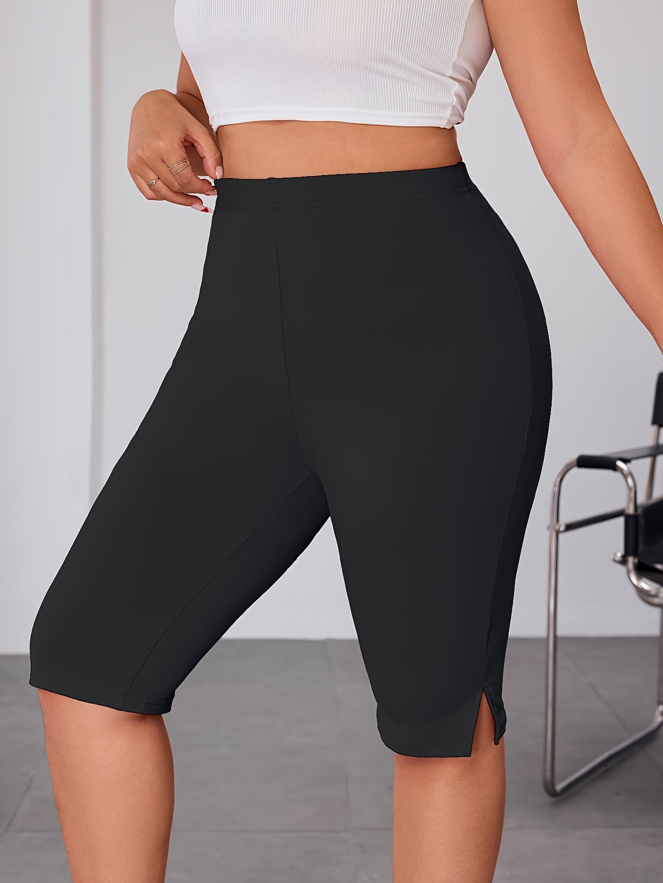 Plus Size Black High-Waisted Leggings with Side Slit for Women