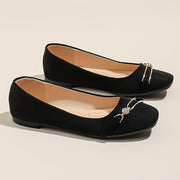 Women’s Black Slip-On Flats with Metallic Buckle, Comfort Fabric, Rubber Sole