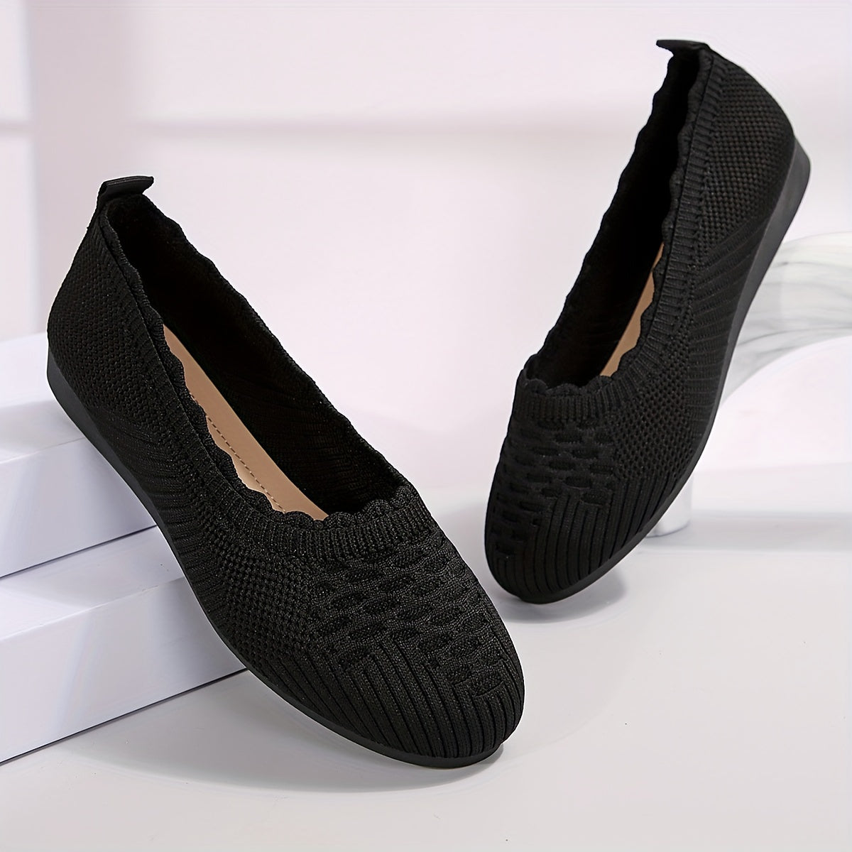 Zapatos planos sin cordones para mujer, transpirables, de tela trenzada, para todas las estaciones, negro