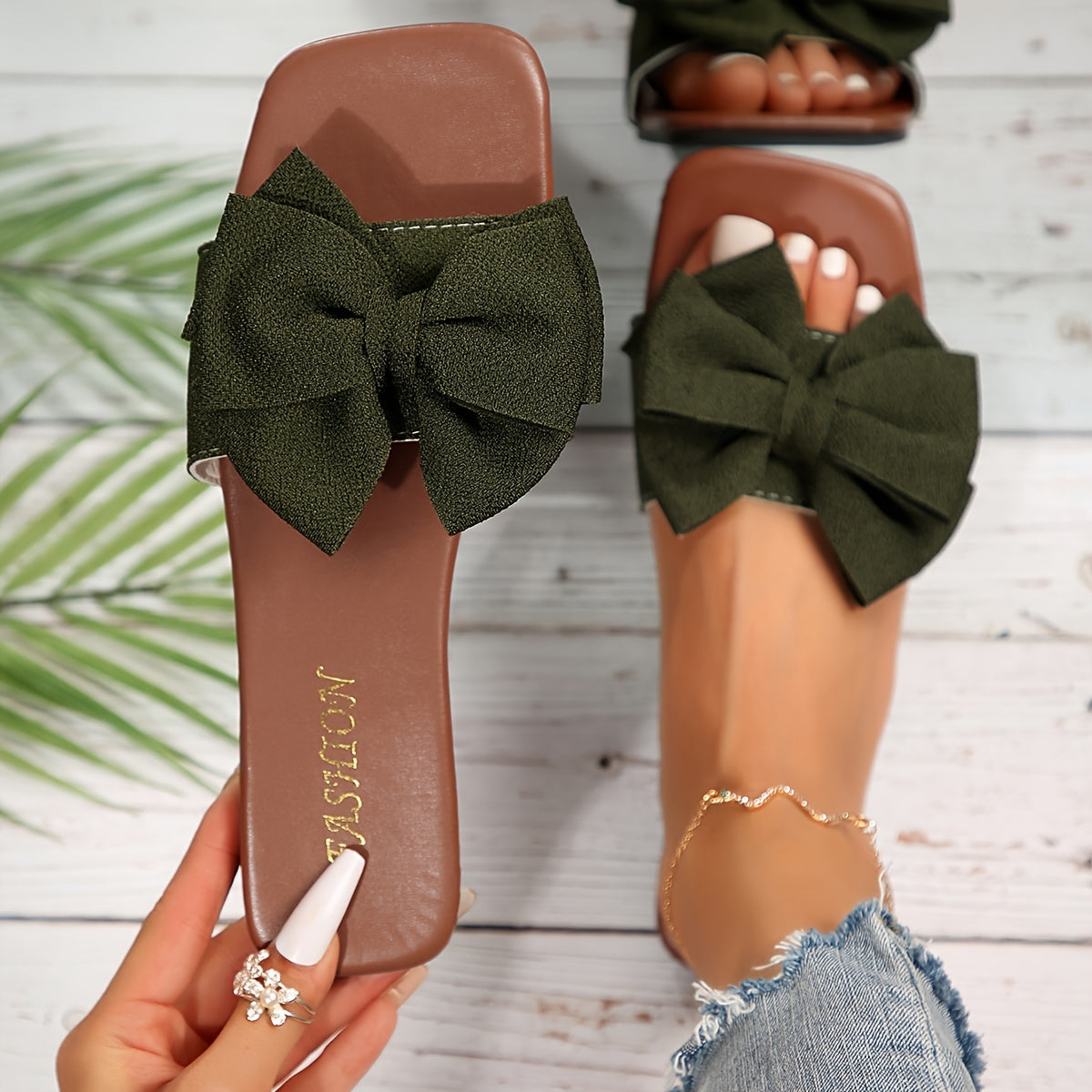 Women's Plus Size Open-Toe Slip-On Sandals with Black Bow Summer Beach