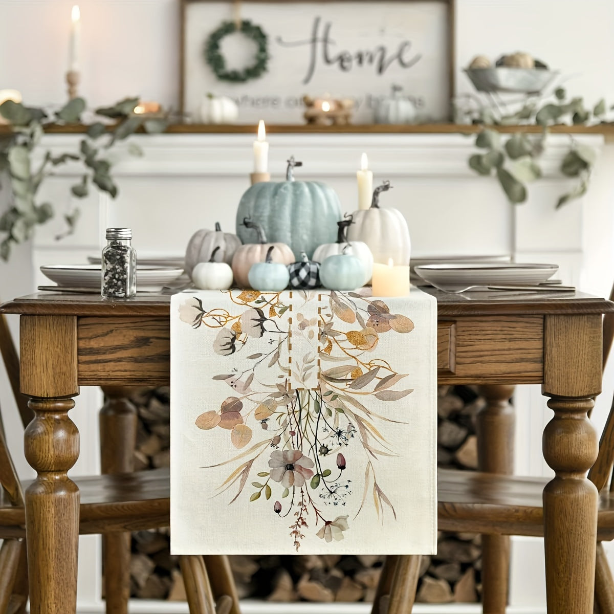 Vintage Eucalyptus Leaves Table Runner for Summer Seasonal Kitchen Decor