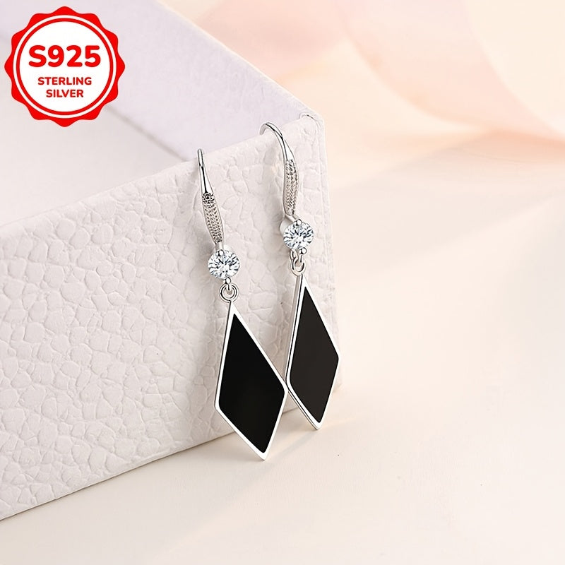 Sterling Silver S925 Dangle Rhombus Drop Earrings with Zirconia Accents for Women