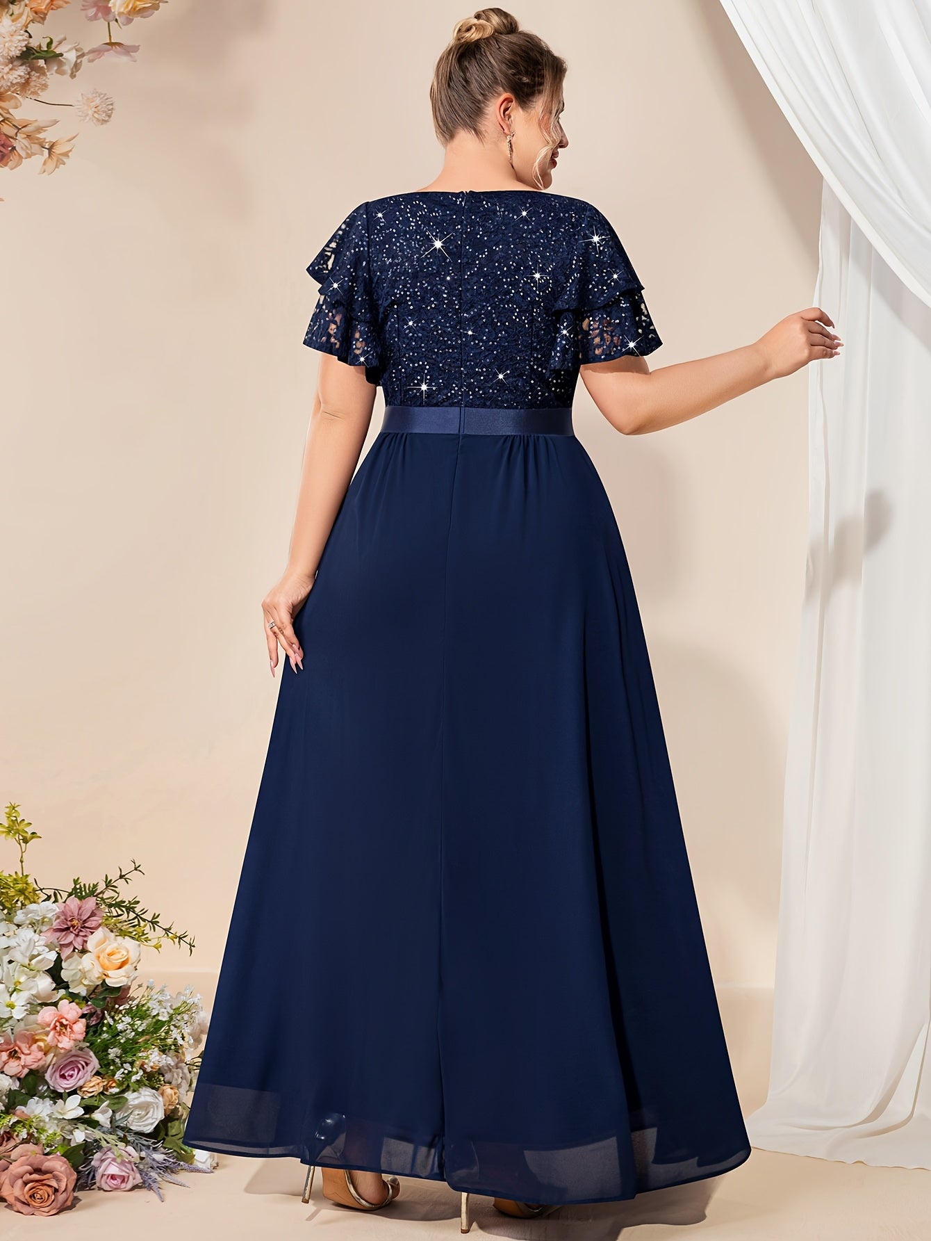 Women Maxi Dress Lace Beaded V-Neck Chiffon Party Summer Plus Size