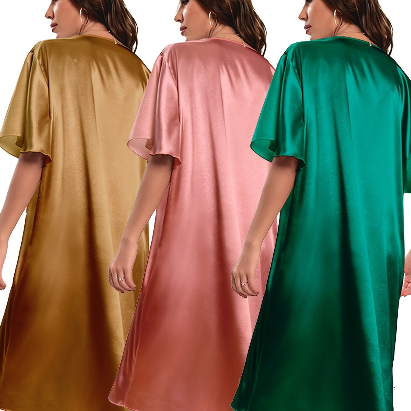 Plus Size Summer Satin Nightgown 3-Piece Set Loose Fit Short Sleeve Blue